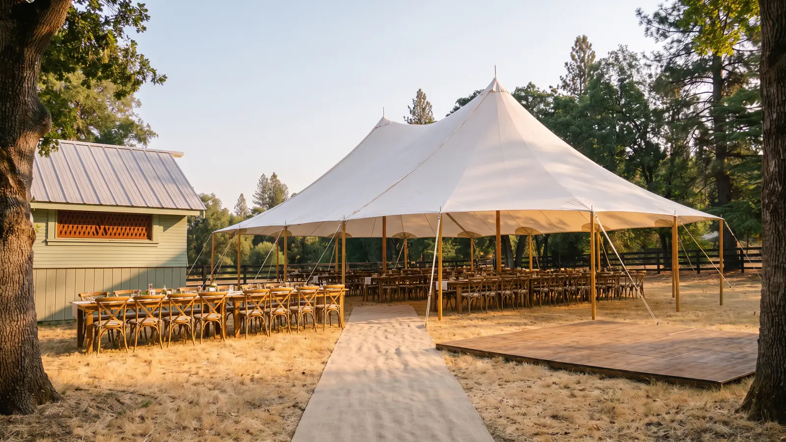 The lawn from one fixed viewpoint, tables, chairs and dance floor set