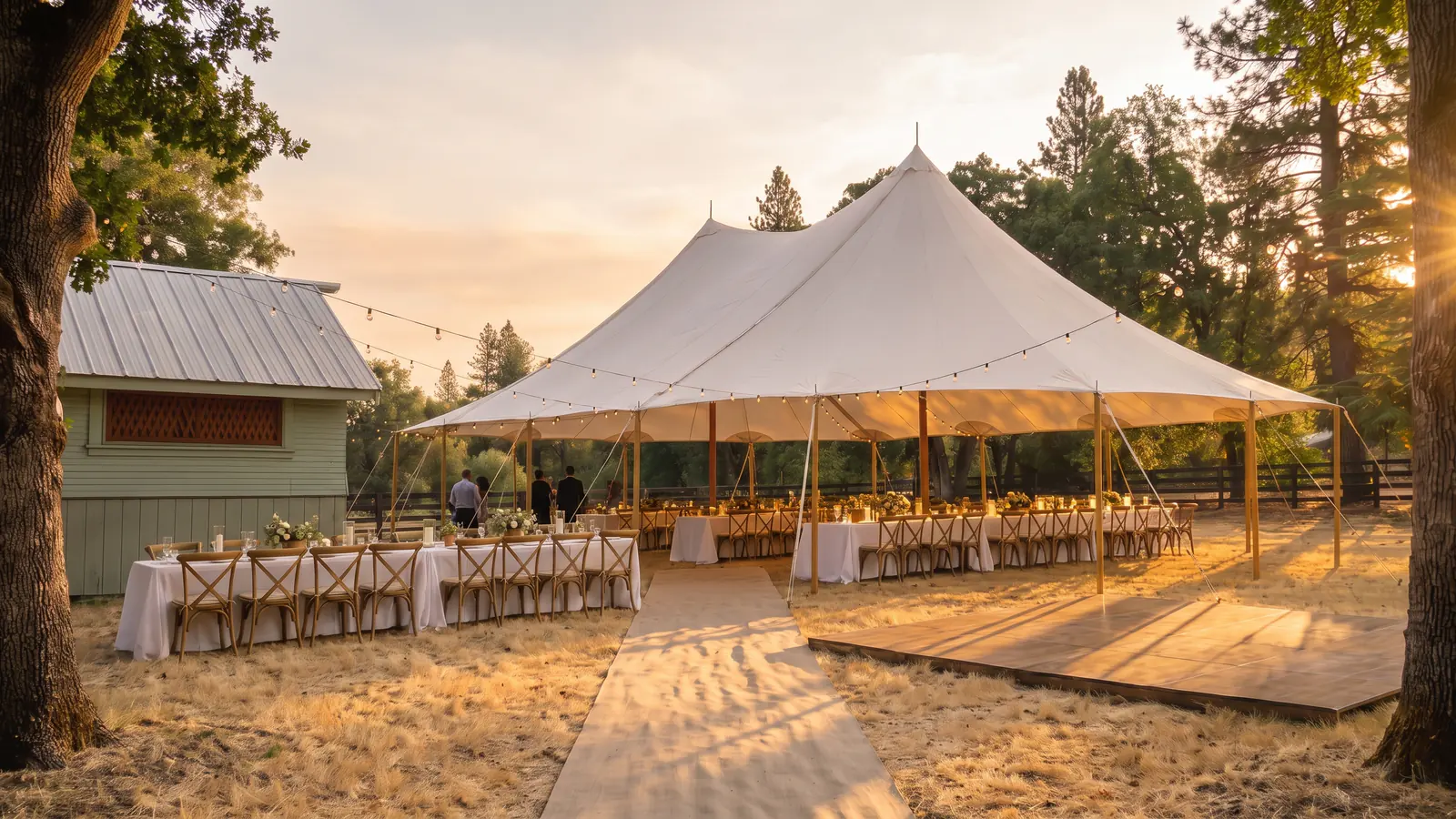 The lawn from one fixed viewpoint, golden hour with guests arriving