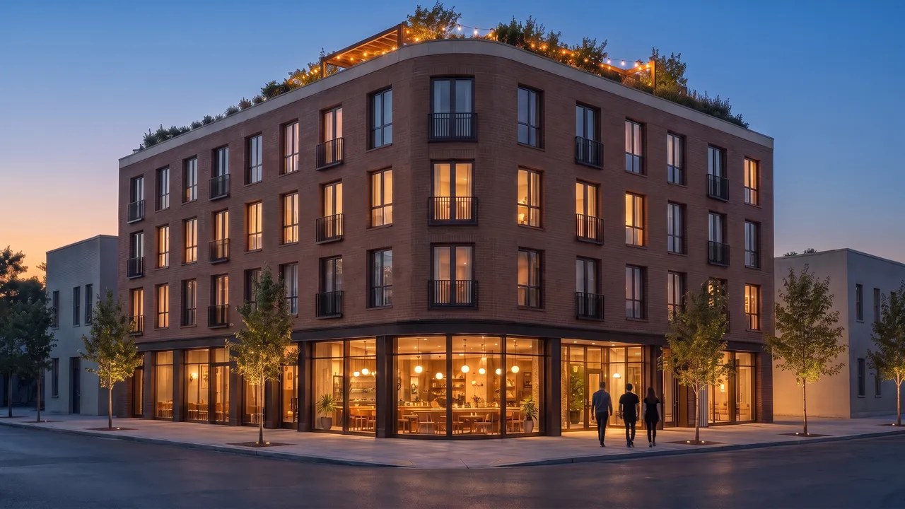 The same corner with a finished four-story building, lit at blue hour.