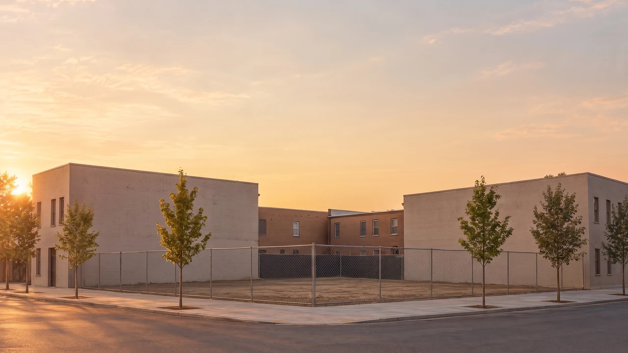 An empty corner lot at golden hour.