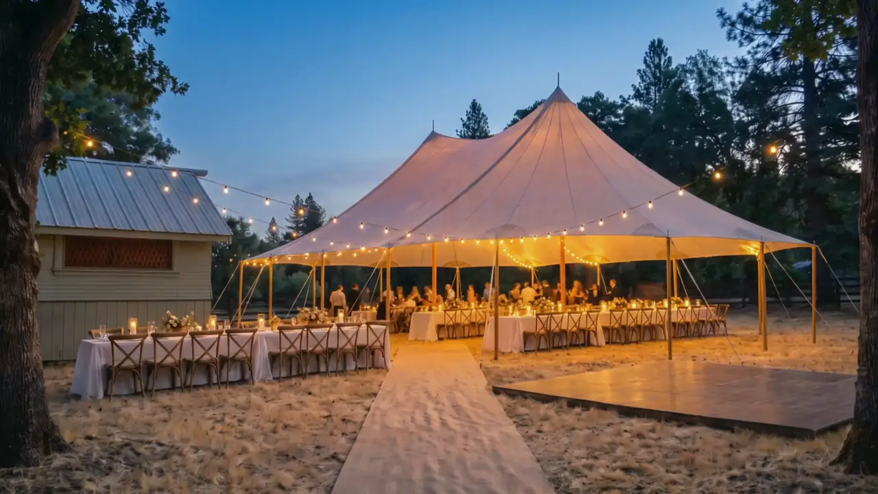 A sailcloth tent lit up on a lawn at night at Gates Place.